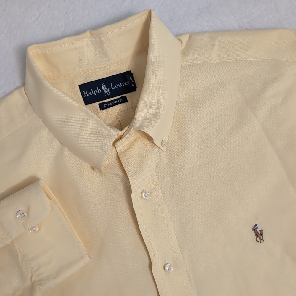 Ralph Lauren Solid Yellow Button Down Shirt Men's 17 33 Flesh Pony EUC Dry Clean